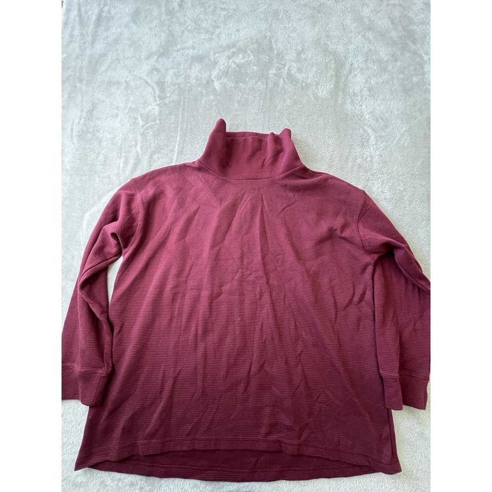 Lands End Womens Shirt 2XL Burgundy Waffle Knit Casual Turtleneck Thermal